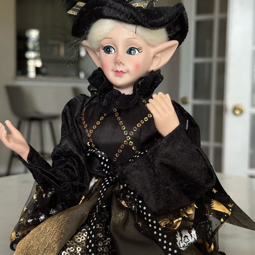 Halloween Elf Miss Match Witch Doll Shelf sitter/18” Black Gold Dress NWT - Picture 2 of 9